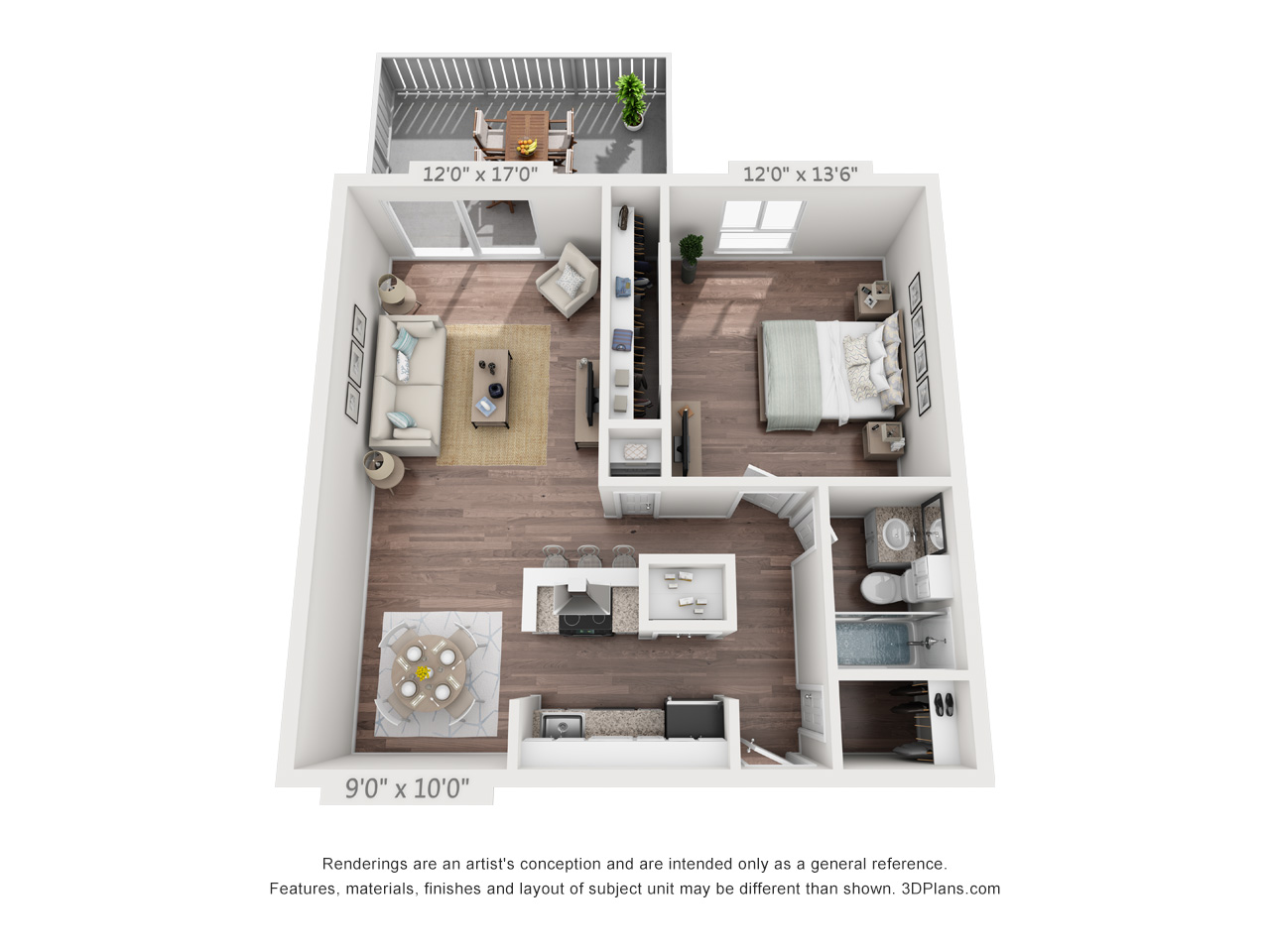 Floor plan for 1 bed, 1 bath, 700 sqft